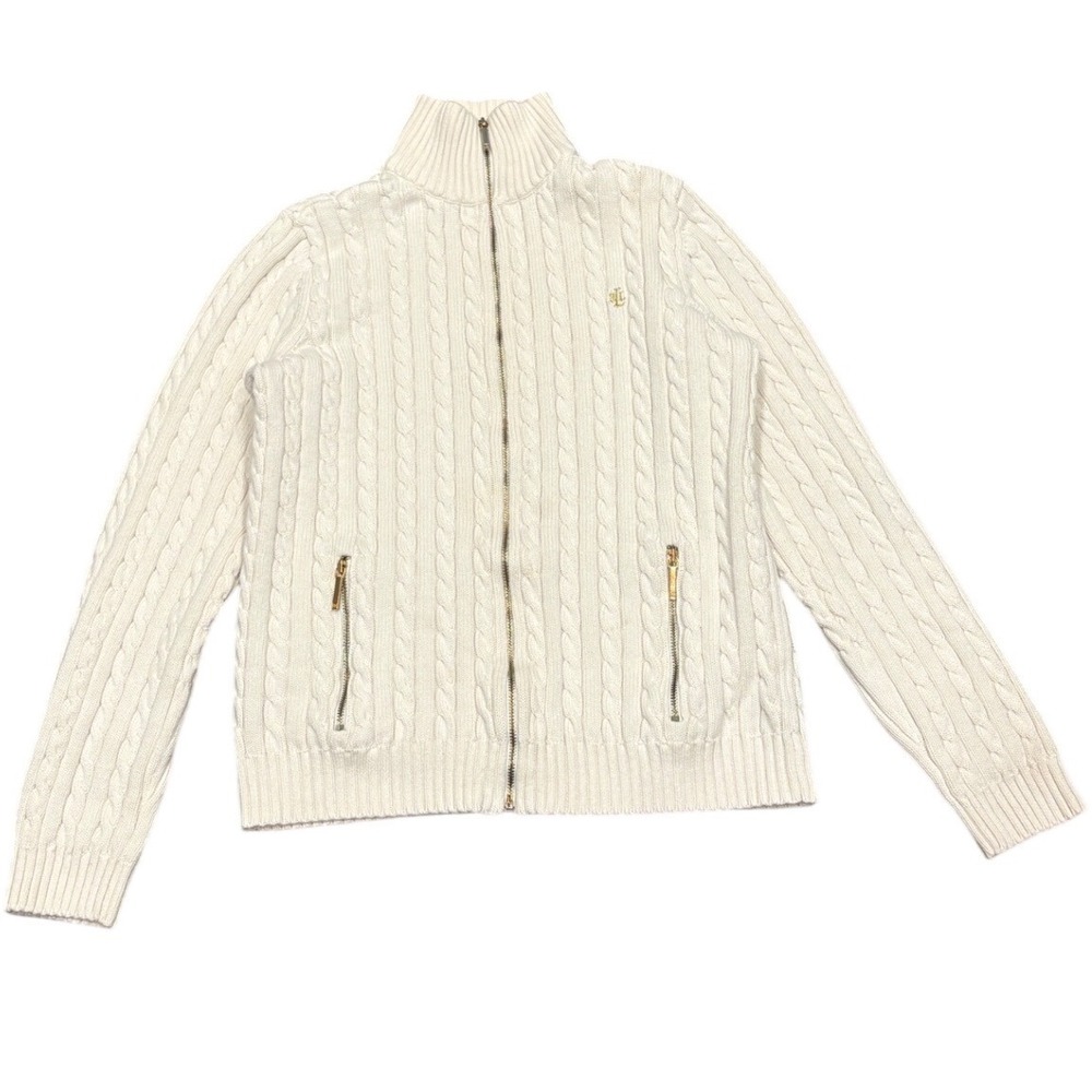 VTG Ralph Lauren L-RL Cream Cable Knit Full Zip Mock Neck Sweater Cardigan Med